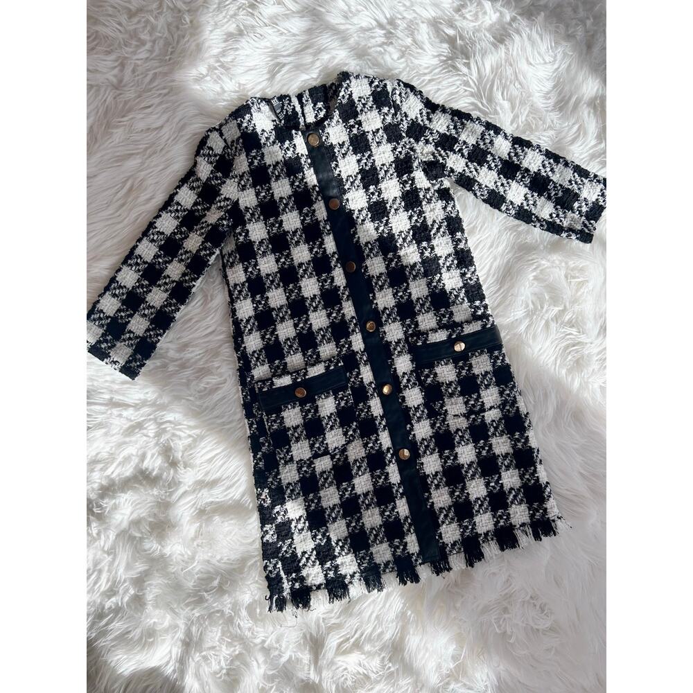 Zara Women’s Black & White Check Tweed Coat with Button Front